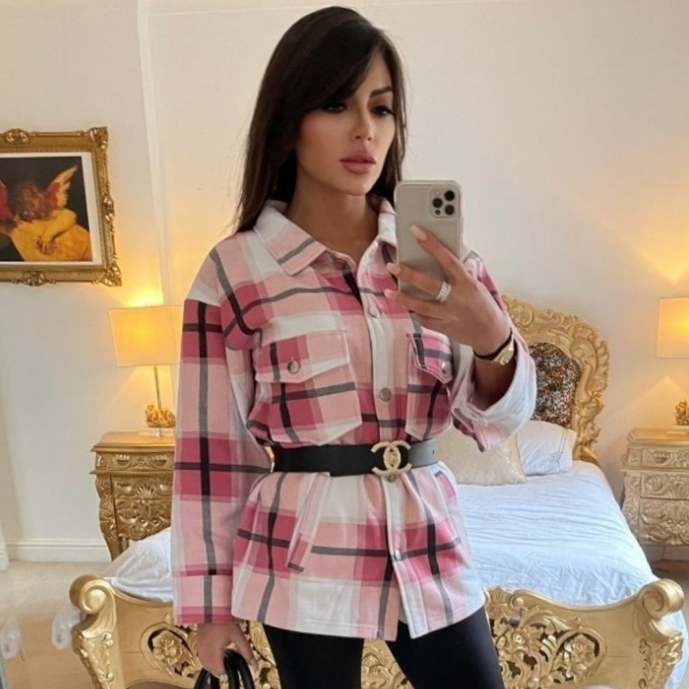 Pink Plaid Check Long Sleeve Loose Fit Shacket Shirt Jacket - Picture 3 of 12